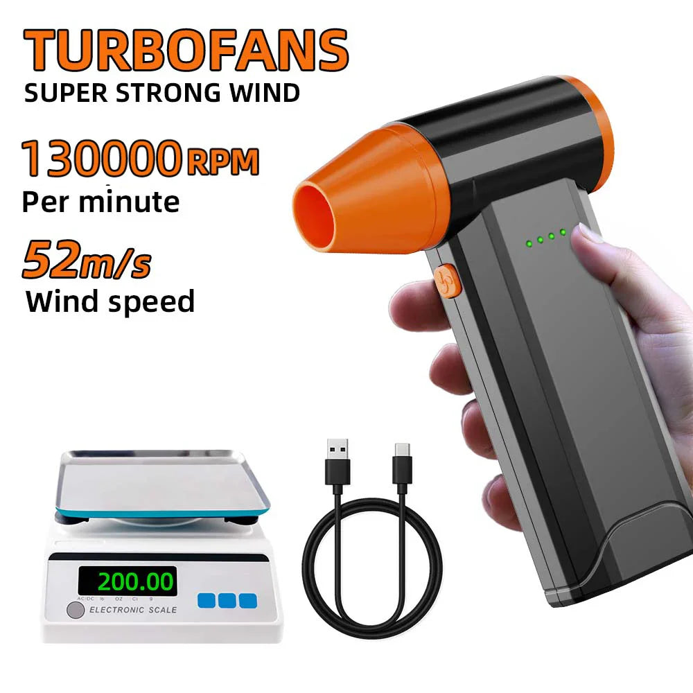 130,000 RPM Ultra-Portable Turbo Jet Fan 200G Thrust | 52M/S High Speed 2X2500Mah Batteries Type-C Fast Charging Brushless Desig
