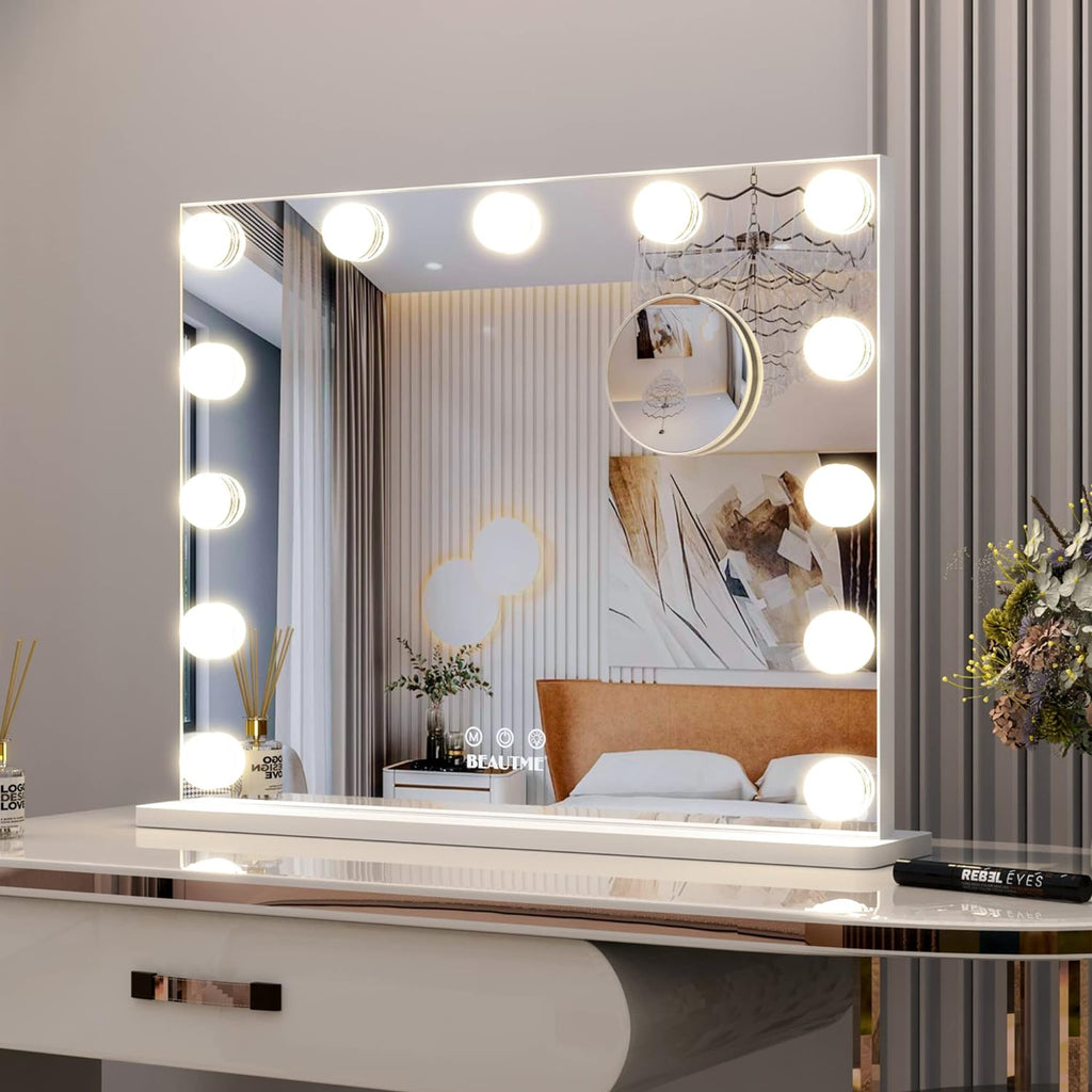 Vanity Mirror with Lights,Lighted Makeup Mirror with Lights and Magnification Mirror Tabletop Mirror or Wall Mounted Mirror (White)